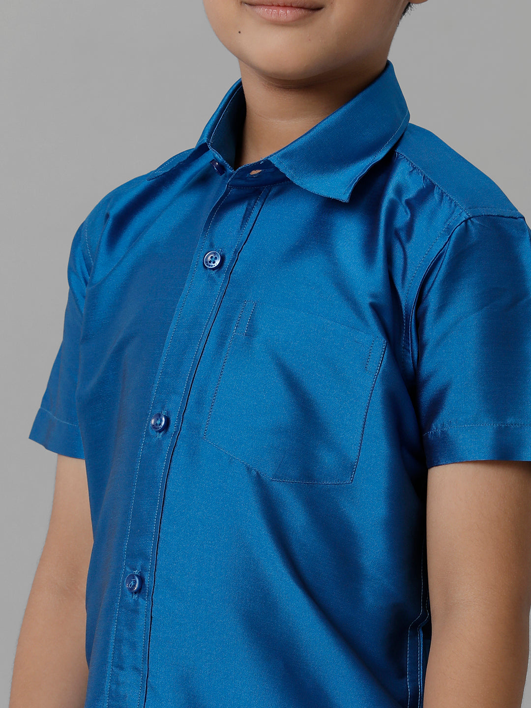 Boys Silk Cotton Royal Blue Half Sleeves Shirt with Adjustable Cream Dhoti Combo K10-Zoom view