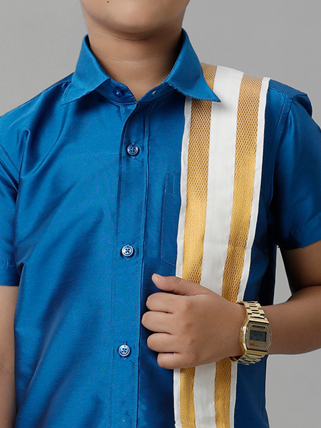 Boys Silk Cotton Royal Blue Half Sleeves Shirt with Adjustable Cream Dhoti Towel Combo K10-Zoom view