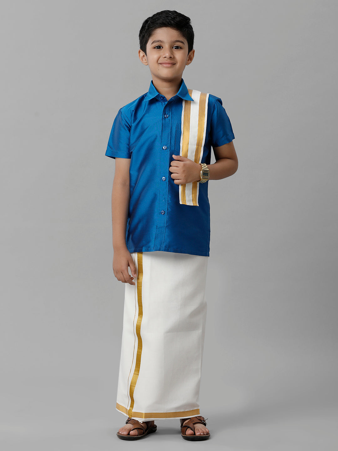 Boys Silk Cotton Royal Blue Half Sleeves Shirt with Adjustable Cream Dhoti Towel Combo K10