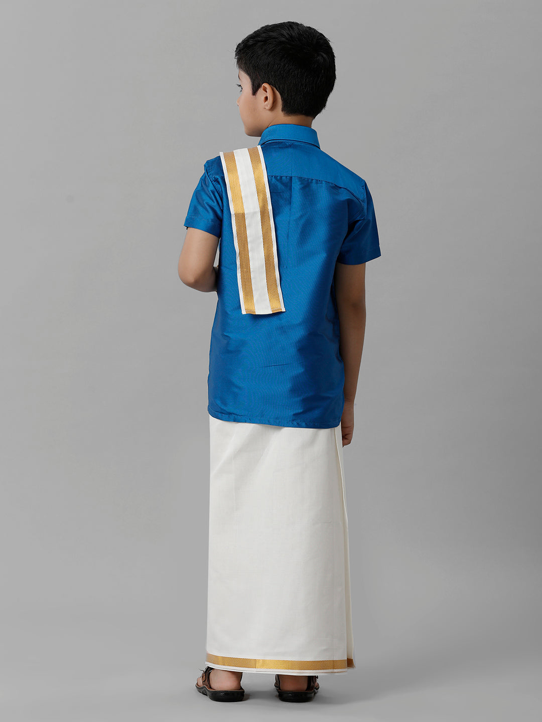 Boys Silk Cotton Royal Blue Half Sleeves Shirt with Adjustable Cream Dhoti Towel Combo K10-Back view