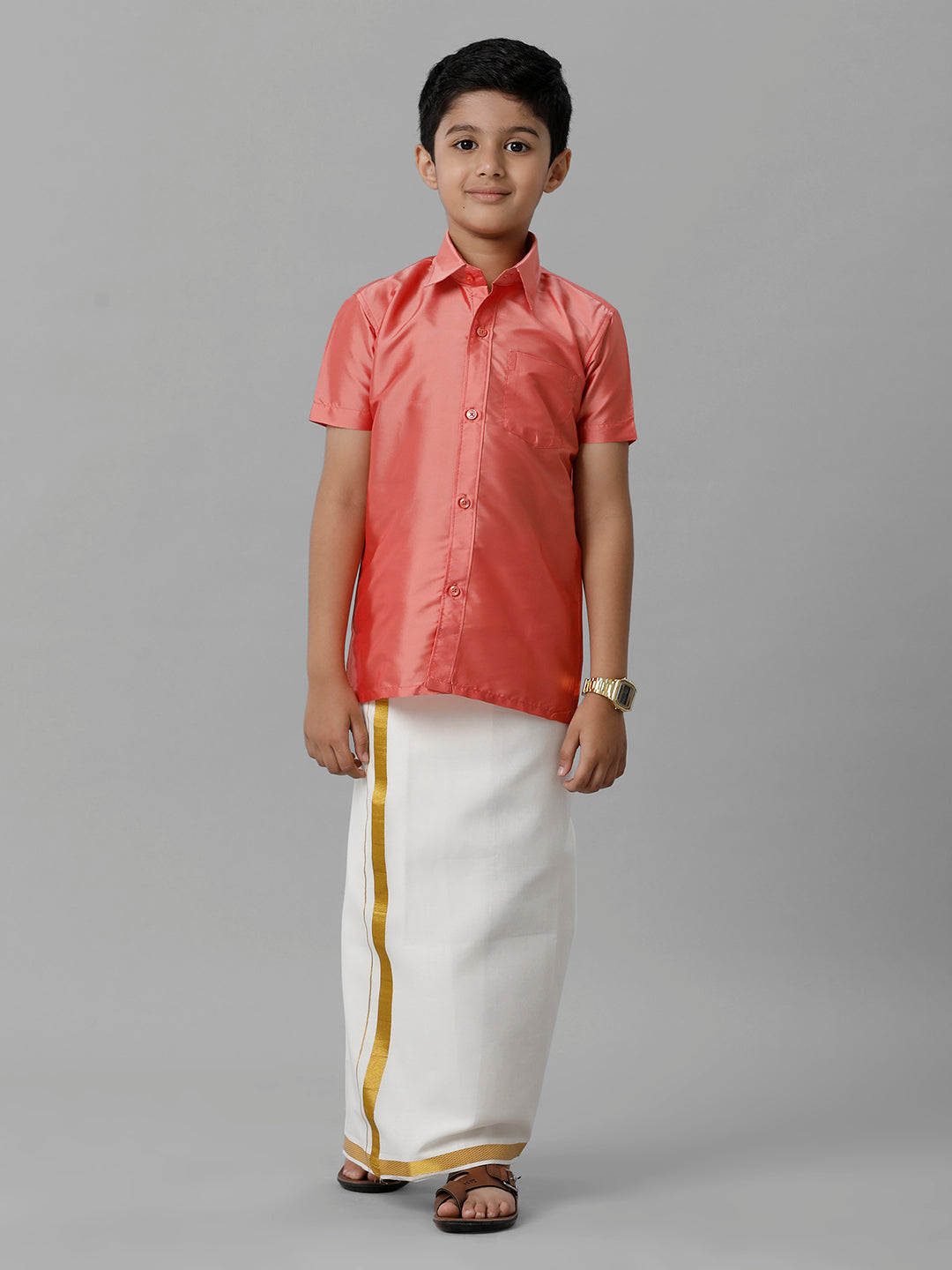 Boys Silk Cotton Pink Half Sleeves Shirt with Adjustable Cream Dhoti Combo K45