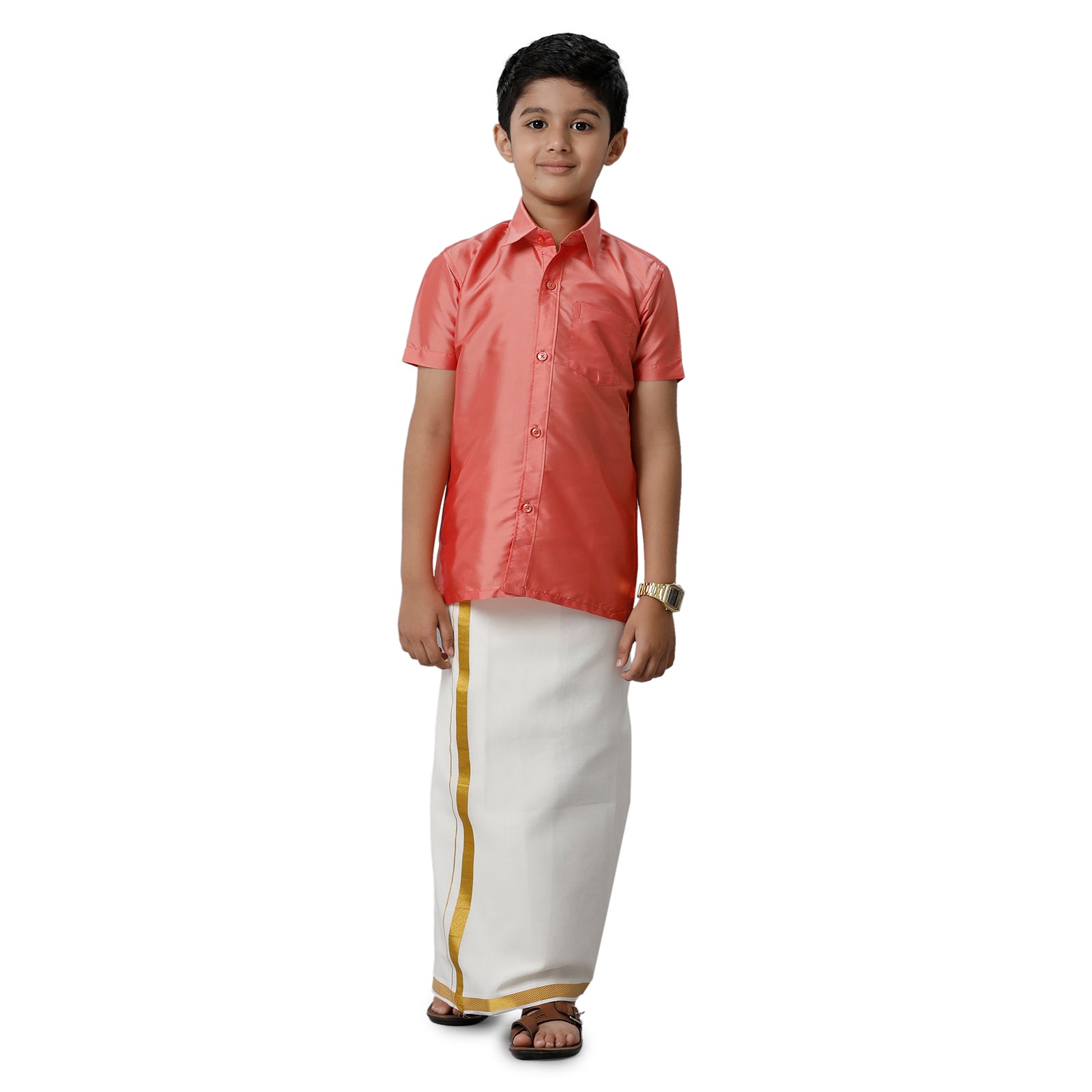 Boys Silk Cotton Pink Half Sleeves Shirt with Adjustable White Dhoti Combo K45