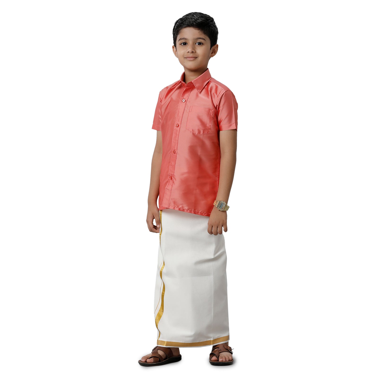 Boys Silk Cotton Pink Half Sleeves Shirt with Adjustable White Dhoti Combo K45