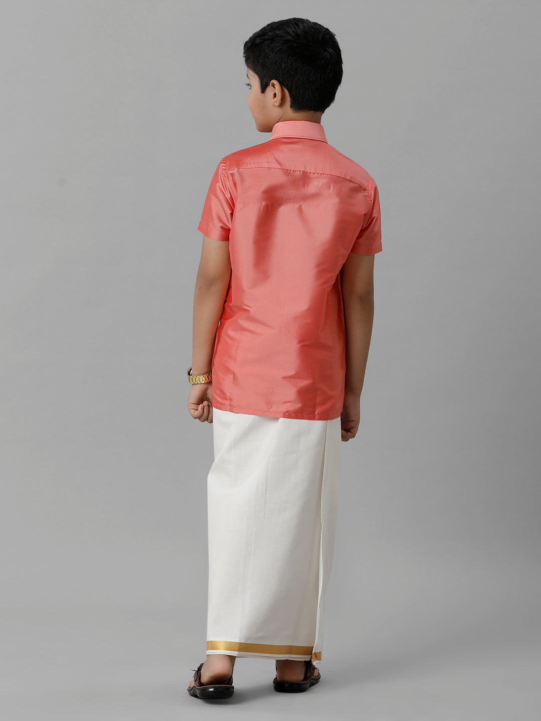 Boys Silk Cotton Pink Half Sleeves Shirt with Adjustable Cream Dhoti Combo K45-Back view