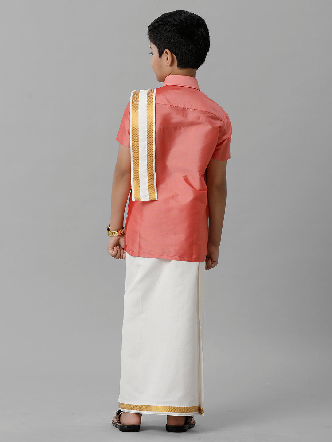 Boys Silk Cotton Pink Half Sleeves Shirt with Adjustable Cream Dhoti Towel Combo K45-Back view