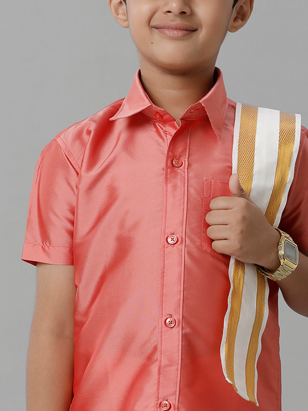 Boys Silk Cotton Pink Half Sleeves Shirt with Adjustable Cream Dhoti Towel Combo K45-Zoom view
