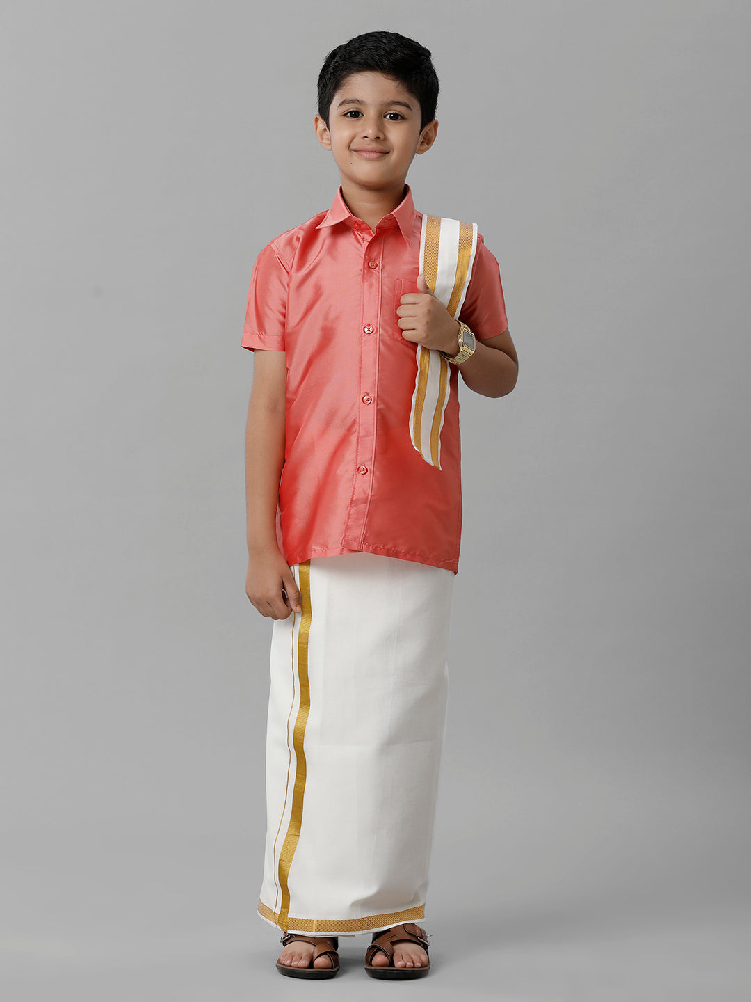 Boys Silk Cotton Pink Half Sleeves Shirt with Adjustable Cream Dhoti Towel Combo K45