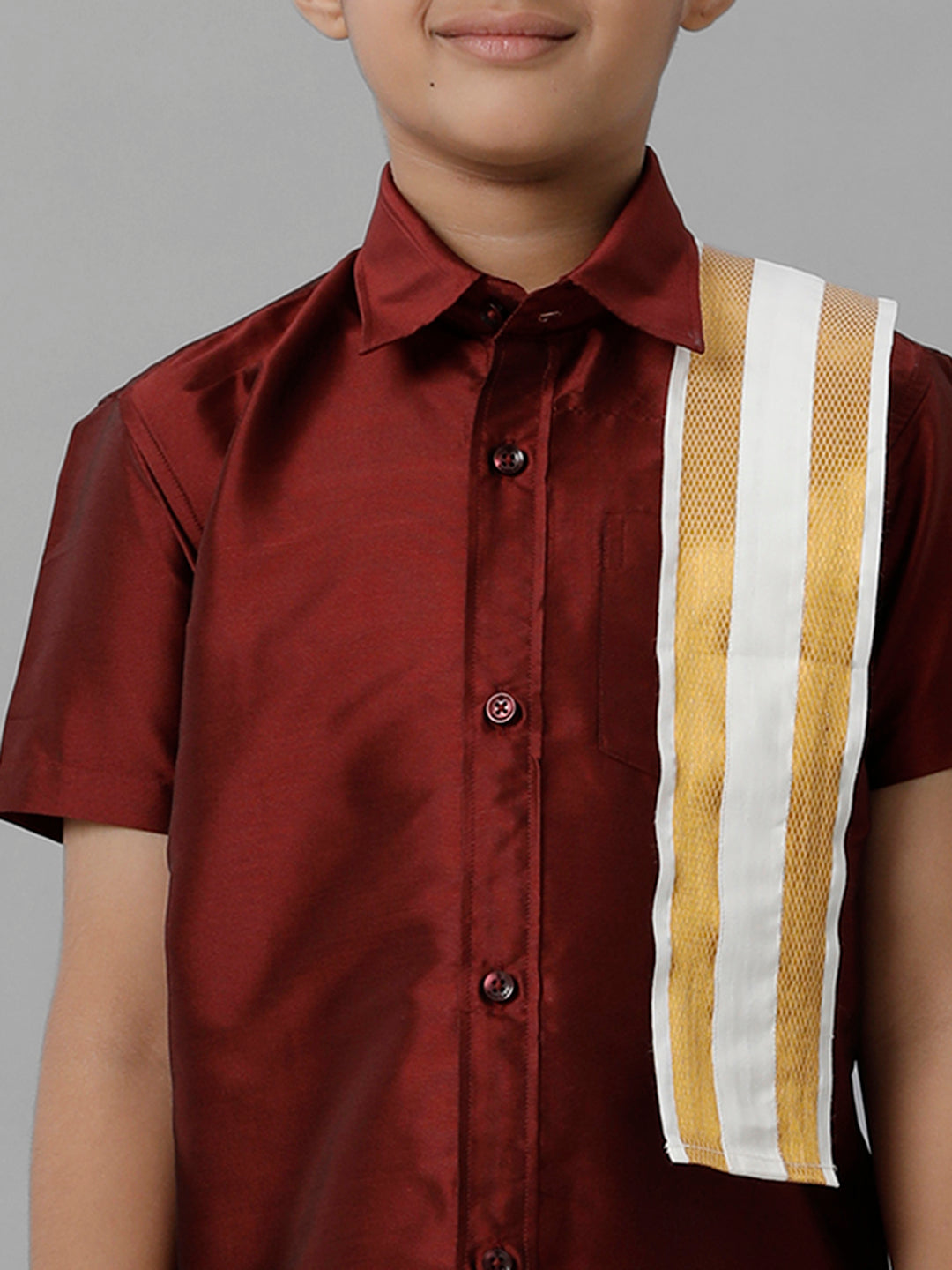 Boys Silk Cotton Maroon Half Sleeves Shirt with Adjustable Cream Dhoti Towel Combo K7-Zoom view