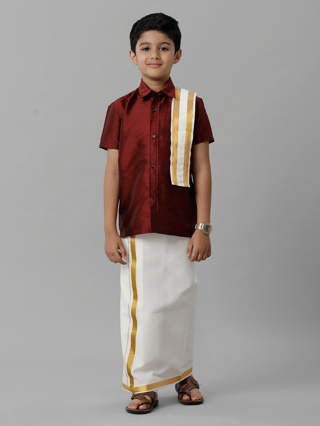 Boys Silk Cotton Maroon Half Sleeves Shirt with Adjustable Cream Dhoti Towel Combo K7-Full view