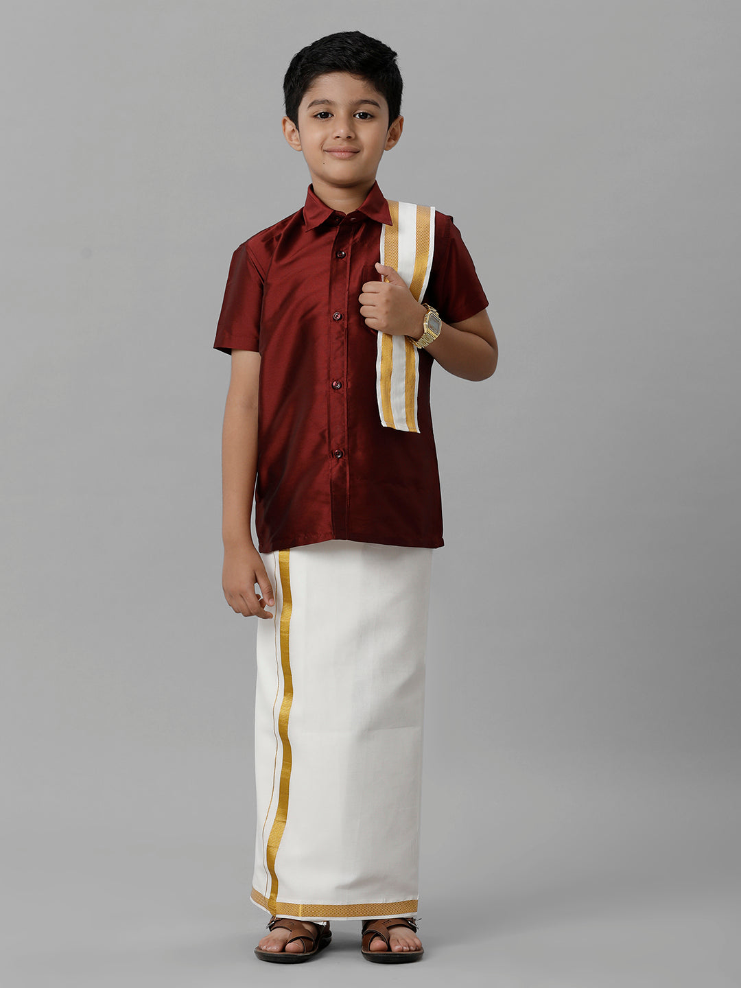 Boys Silk Cotton Maroon Half Sleeves Shirt with Adjustable Cream Dhoti Towel Combo K7