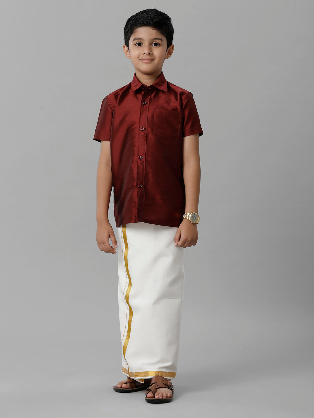 Boys Silk Cotton Maroon Half Sleeves Shirt with Adjustable Cream Dhoti Combo K7