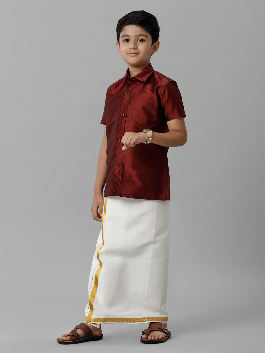 Boys Silk Cotton Maroon Half Sleeves Shirt with Adjustable Cream Dhoti Combo K7-Side view