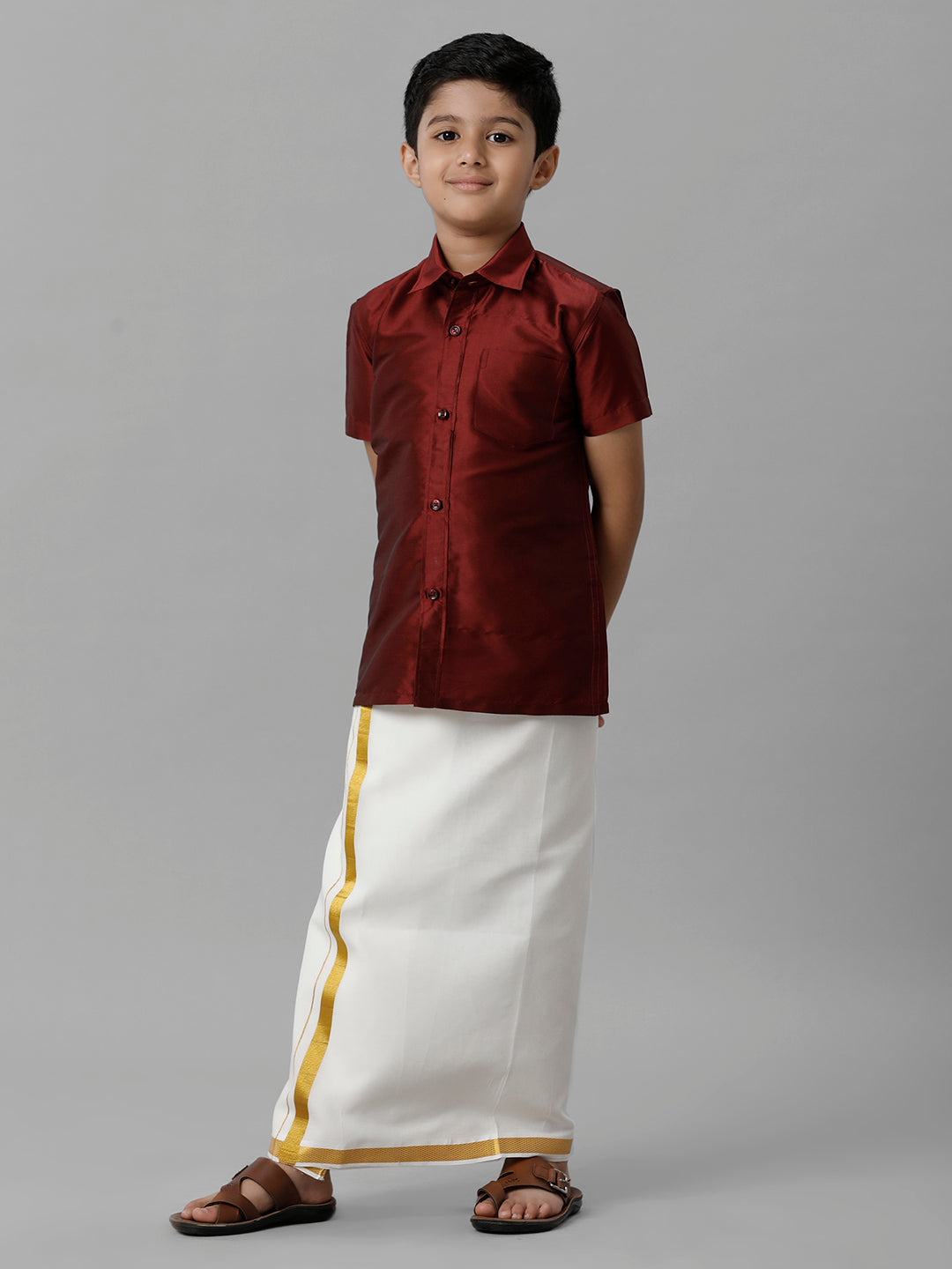 Boys Silk Cotton Maroon Half Sleeves Shirt with Adjustable Cream Dhoti Combo K7-Front view