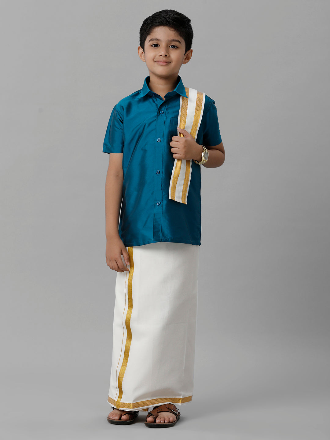 Boys Silk Cotton Blue Half Sleeves Shirt with Adjustable Cream Dhoti Towel Combo K1