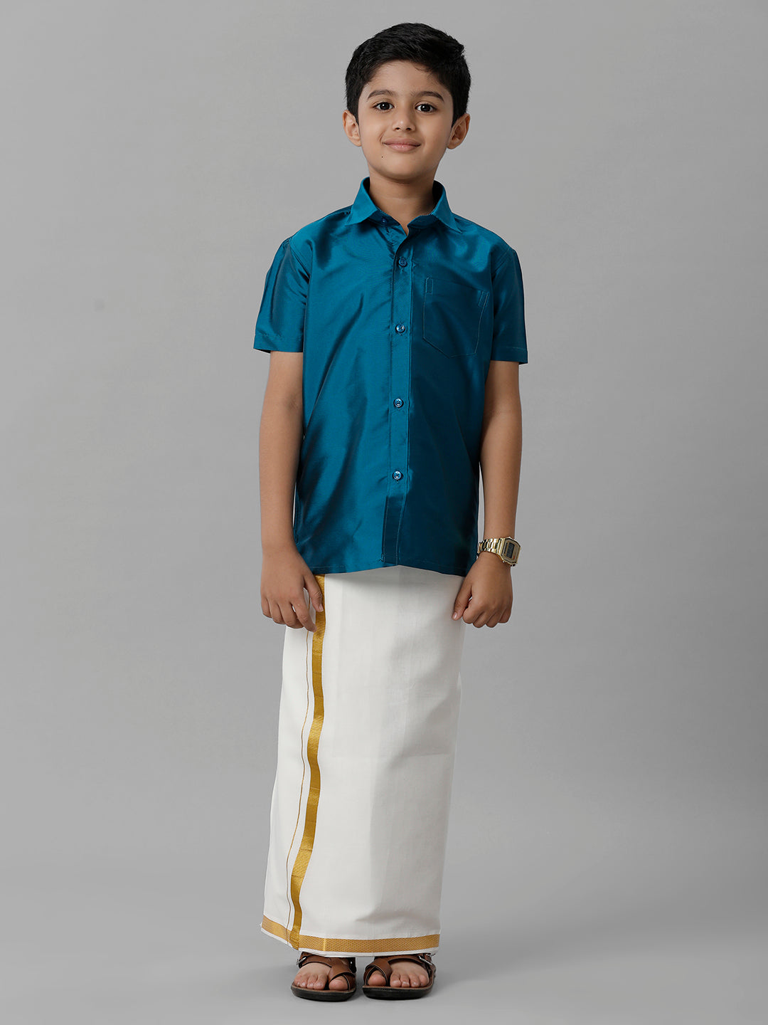 Boys Silk Cotton Light Blue Half Sleeves Shirt with Adjustable Cream Dhoti Combo K1