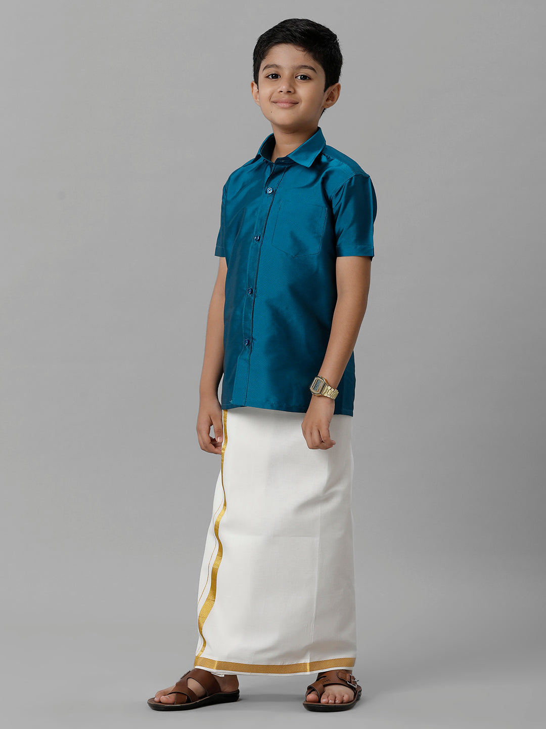 Boys Silk Cotton Light Blue Half Sleeves Shirt with Adjustable Cream Dhoti Combo K1-Front view