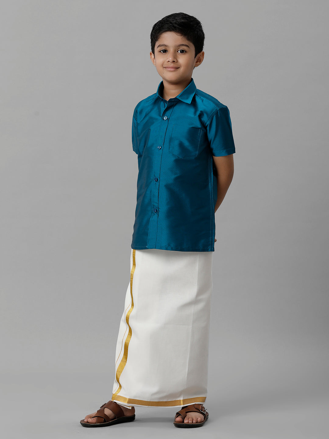 Boys Silk Cotton Light Blue Half Sleeves Shirt with Adjustable Cream Dhoti Combo K1-Full view