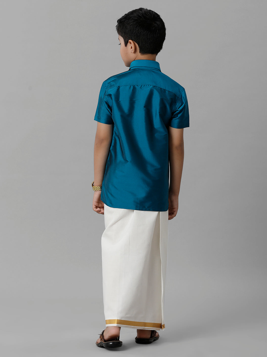 Boys Silk Cotton Light Blue Half Sleeves Shirt with Adjustable Cream Dhoti Combo K1-Back view