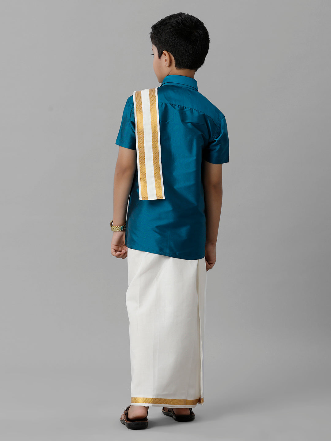 Boys Silk Cotton Blue Half Sleeves Shirt with Adjustable Cream Dhoti Towel Combo K1-Back view
