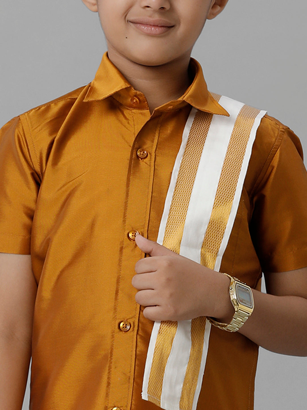 Boys Silk Cotton Mustard Half Sleeves Shirt with Adjustable Cream Dhoti Towel Combo K37-Zoom view