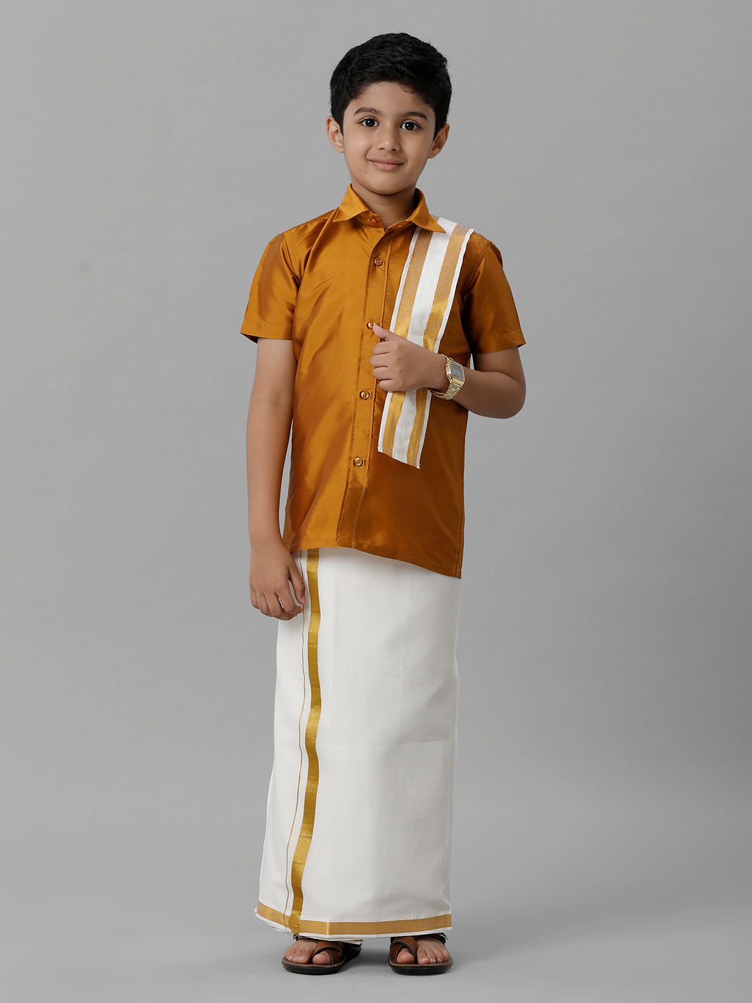 Boys Silk Cotton Mustard Half Sleeves Shirt with Adjustable Cream Dhoti Towel Combo K37