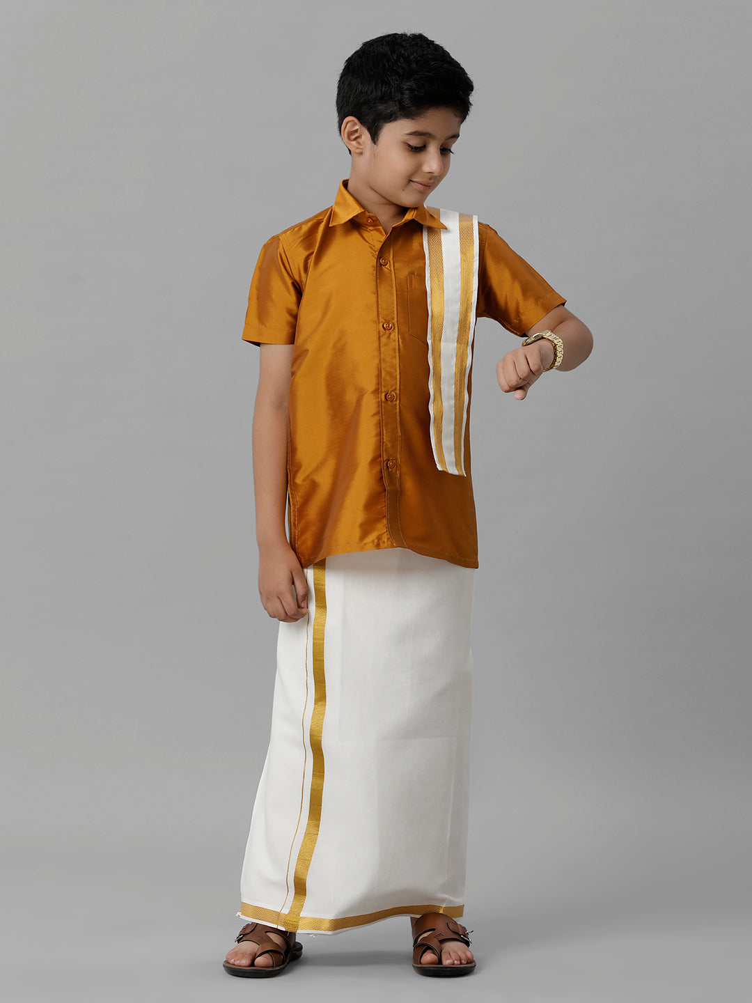 Boys Silk Cotton Mustard Half Sleeves Shirt with Adjustable Cream Dhoti Towel Combo K37-Full view