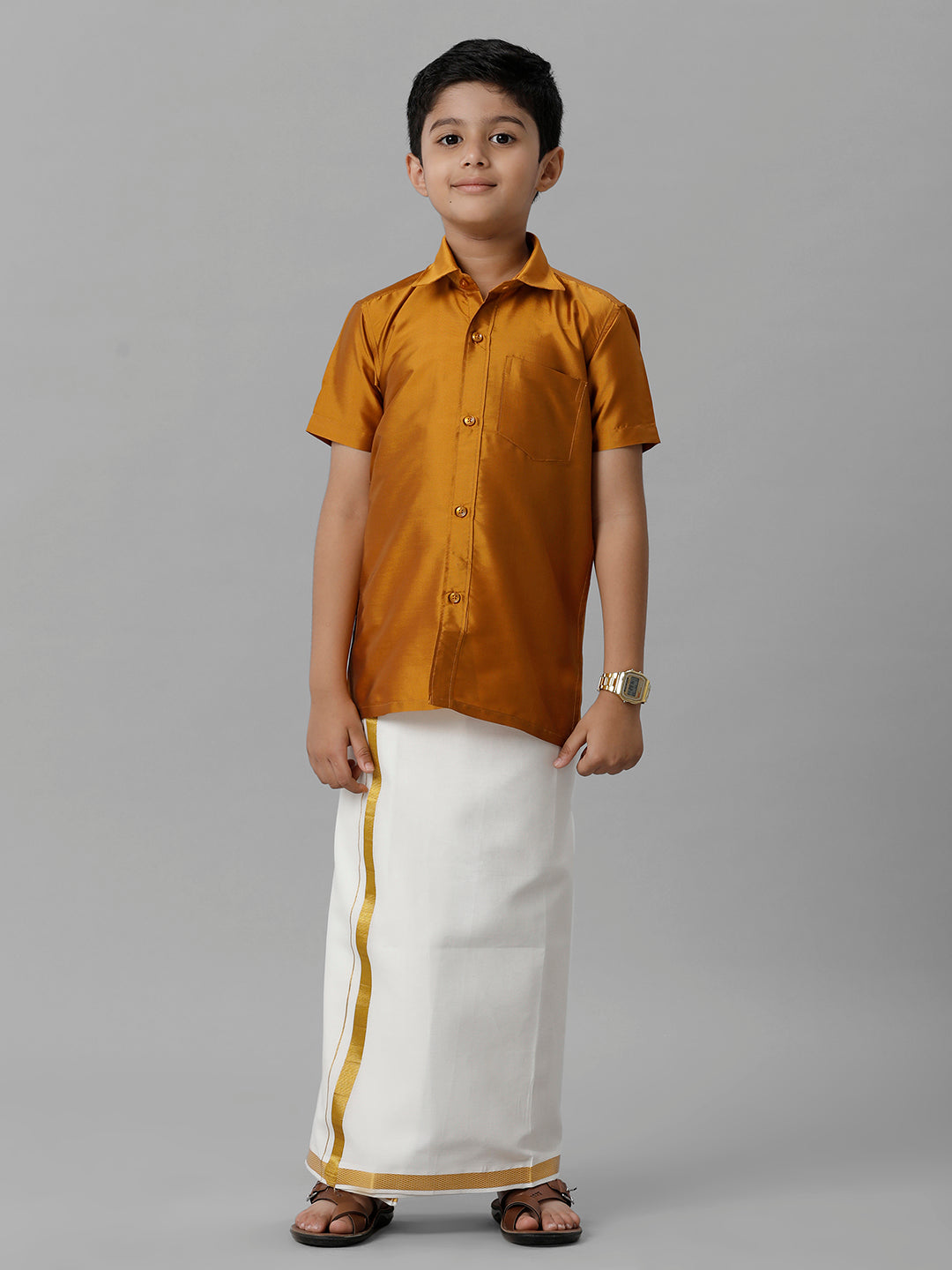 Boys Silk Cotton Mustard Half Sleeves Shirt with Adjustable Cream Dhoti Combo K37