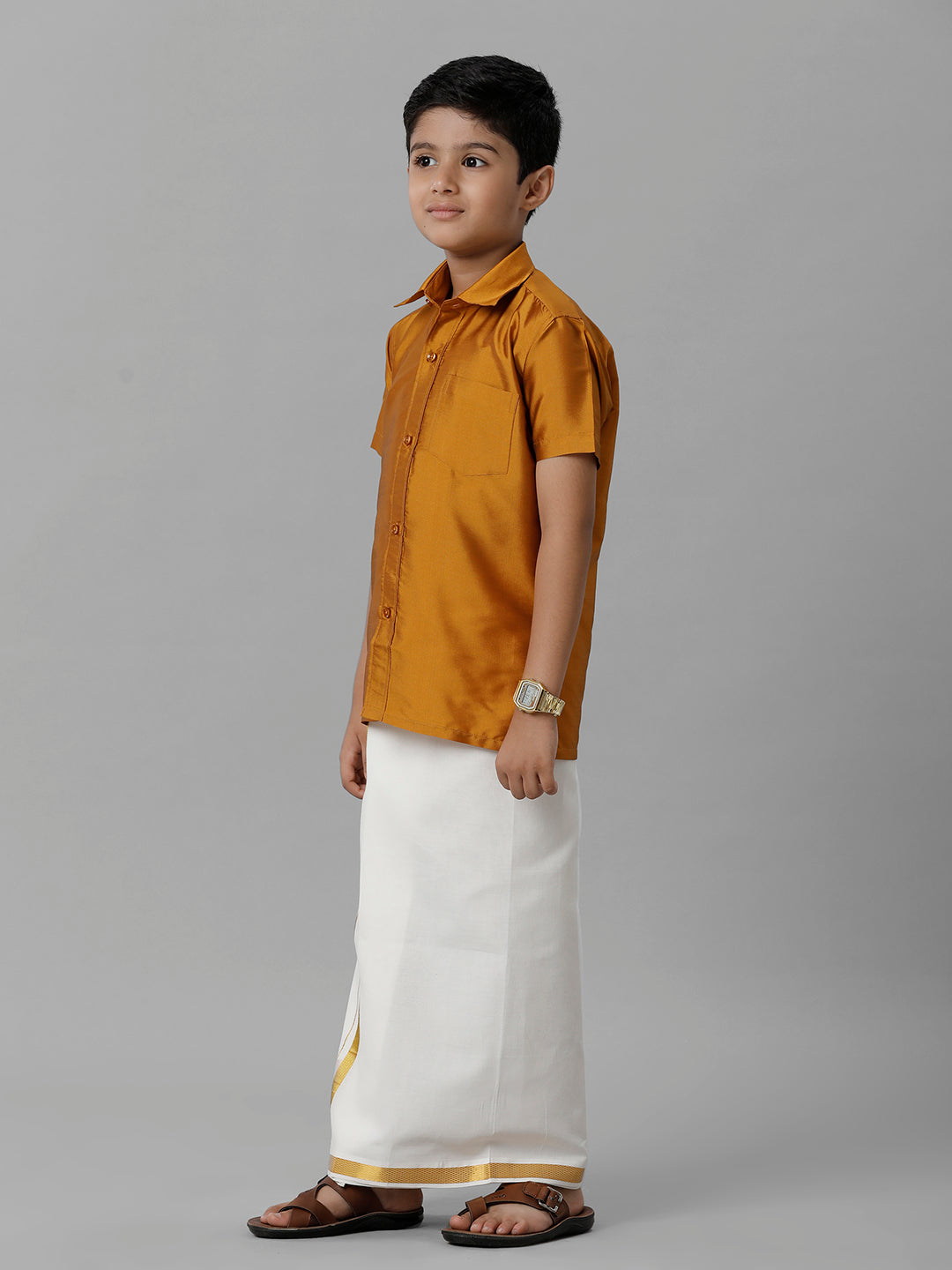 Boys Silk Cotton Mustard Half Sleeves Shirt with Adjustable Cream Dhoti Combo K37-Side view