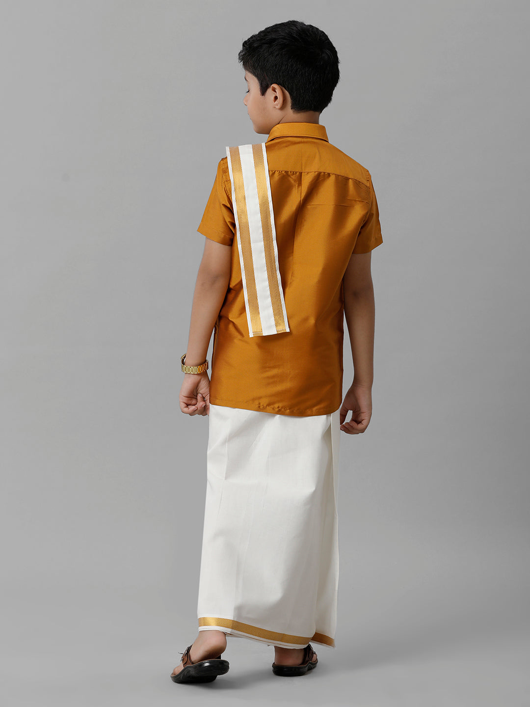 Boys Silk Cotton Mustard Half Sleeves Shirt with Adjustable Cream Dhoti Towel Combo K37-Back view