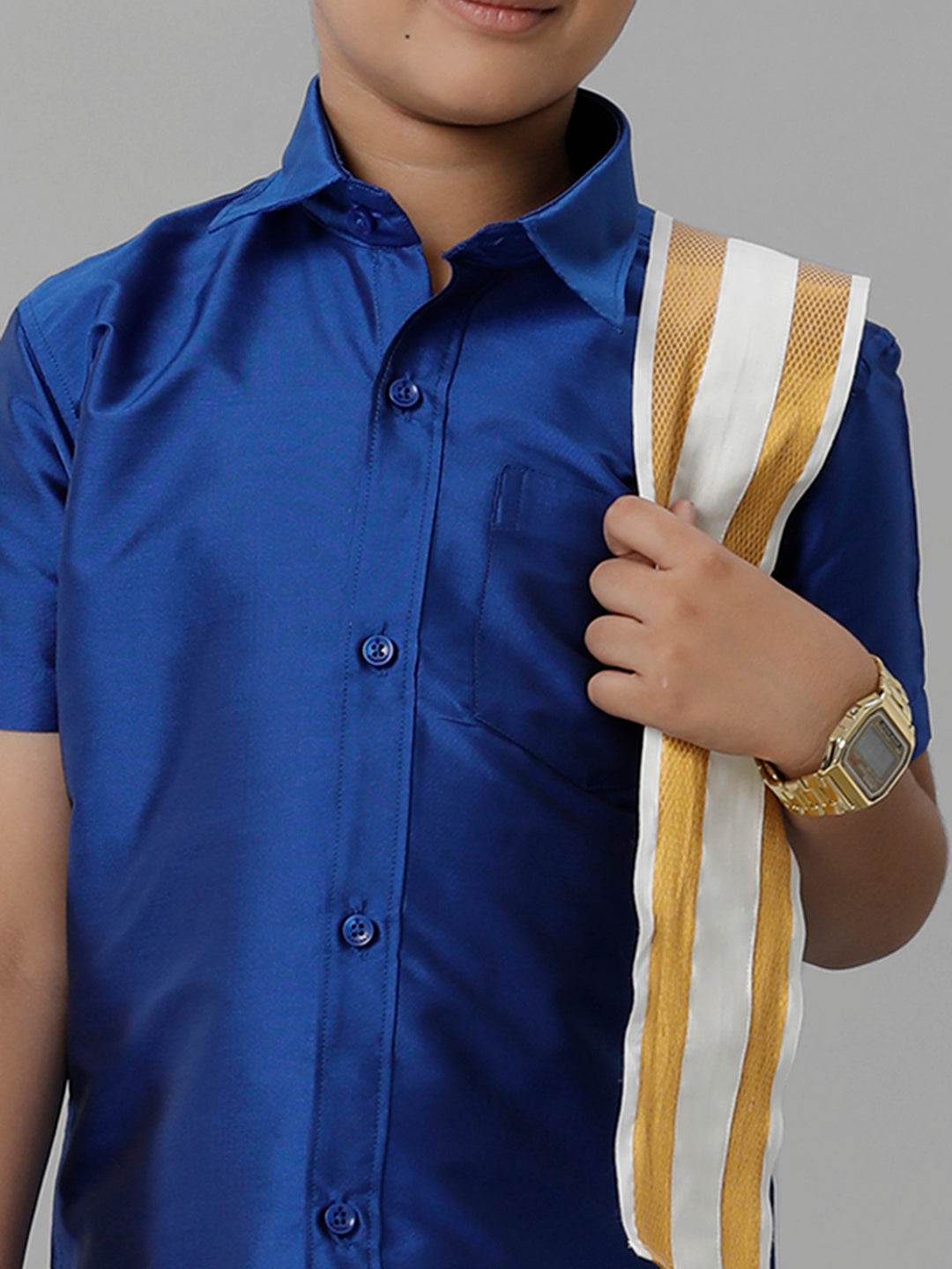 Boys Silk Cotton Blue Half Sleeves Shirt with Adjustable Cream Dhoti Towel Combo K5-Zoom view