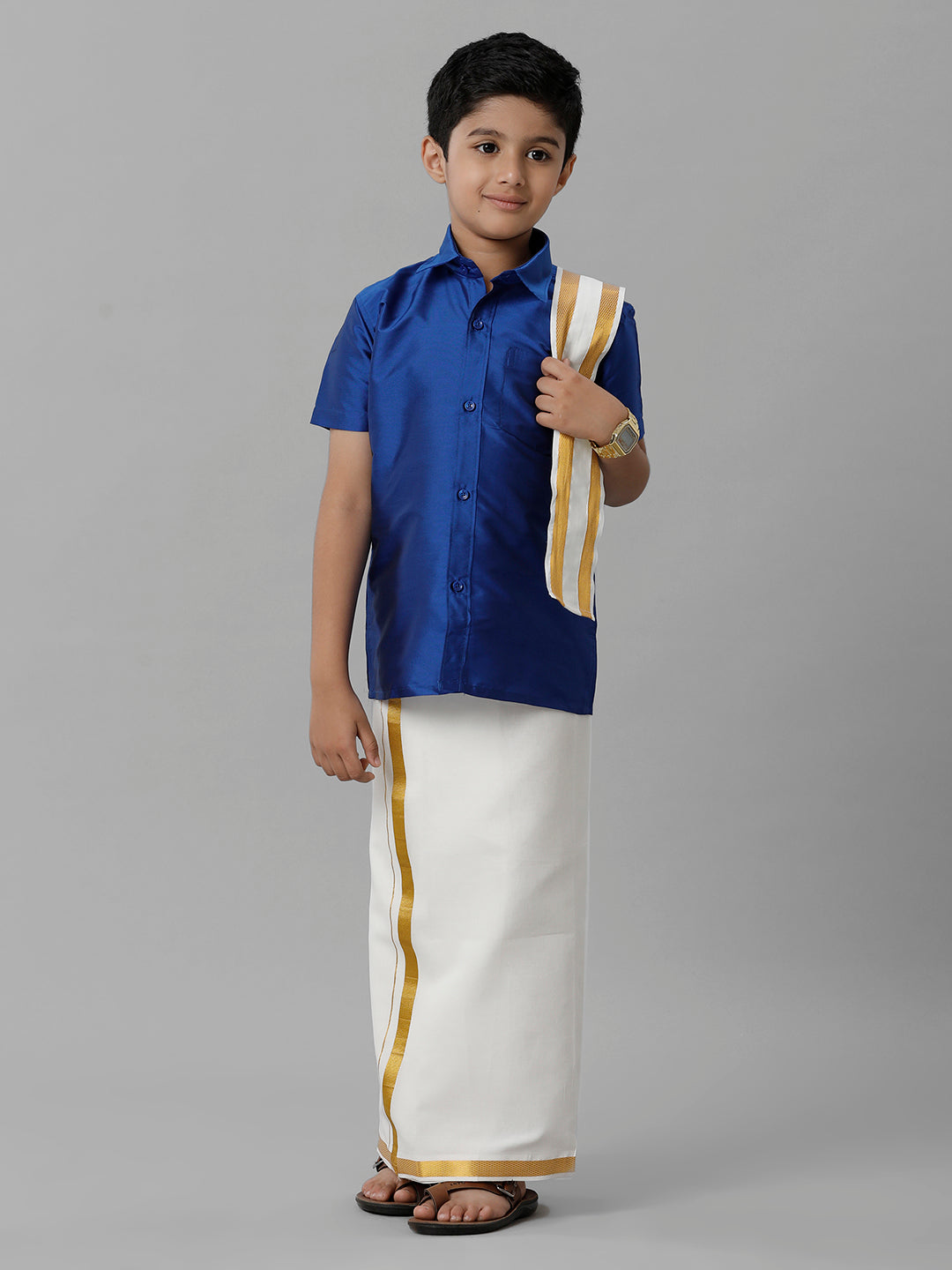 Boys Silk Cotton Blue Half Sleeves Shirt with Adjustable Cream Dhoti Towel Combo K5-Front view