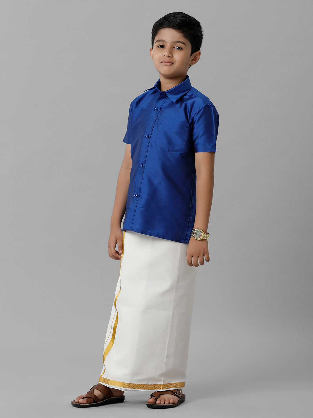 Boys Silk Cotton Light Blue Half Sleeves Shirt with Adjustable Cream Dhoti Combo K5-Side view