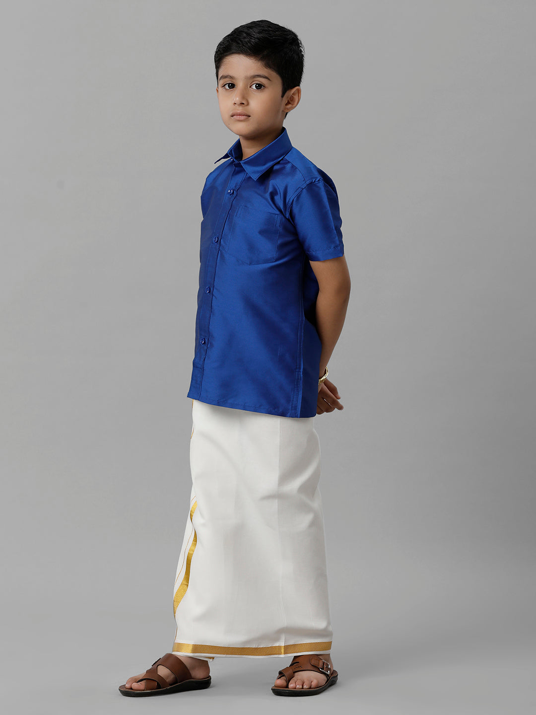 Boys Silk Cotton Light Blue Half Sleeves Shirt with Adjustable Cream Dhoti Combo K5-Side alternative view