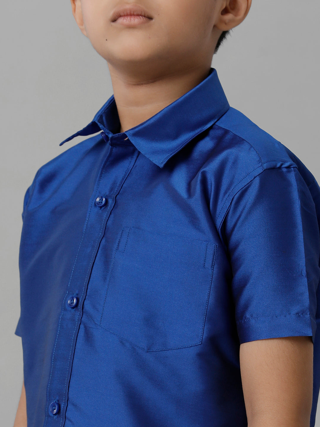Boys Silk Cotton Light Blue Half Sleeves Shirt with Adjustable Cream Dhoti Combo K5-Zoom view