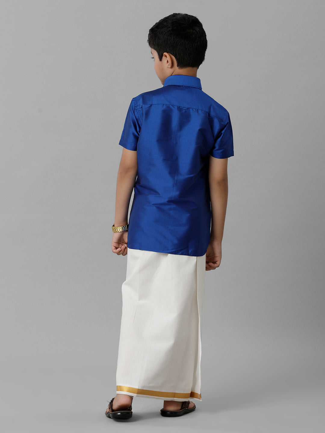 Boys Silk Cotton Light Blue Half Sleeves Shirt with Adjustable Cream Dhoti Combo K5-Back view