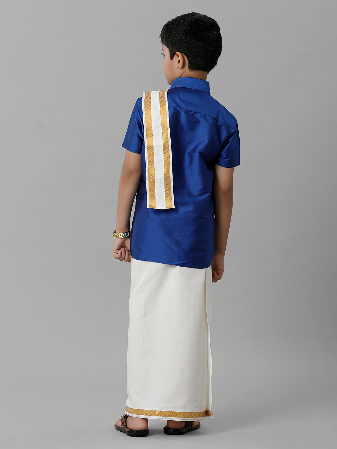 Boys Silk Cotton Blue Half Sleeves Shirt with Adjustable Cream Dhoti Towel Combo K5-Back view