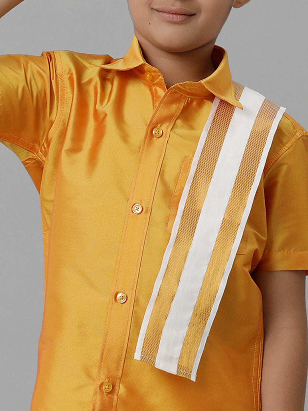 Boys Silk Cotton Yellow Half Sleeves Shirt with Adjustable Cream Dhoti Towel Combo K6-Zoom view