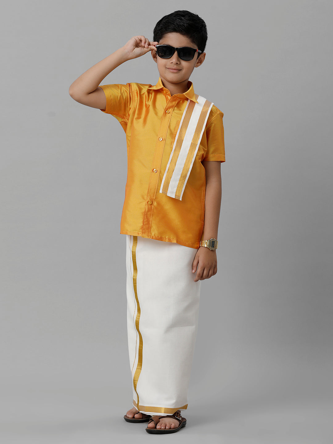 Boys Silk Cotton Yellow Half Sleeves Shirt with Adjustable Cream Dhoti Towel Combo K6-Full view