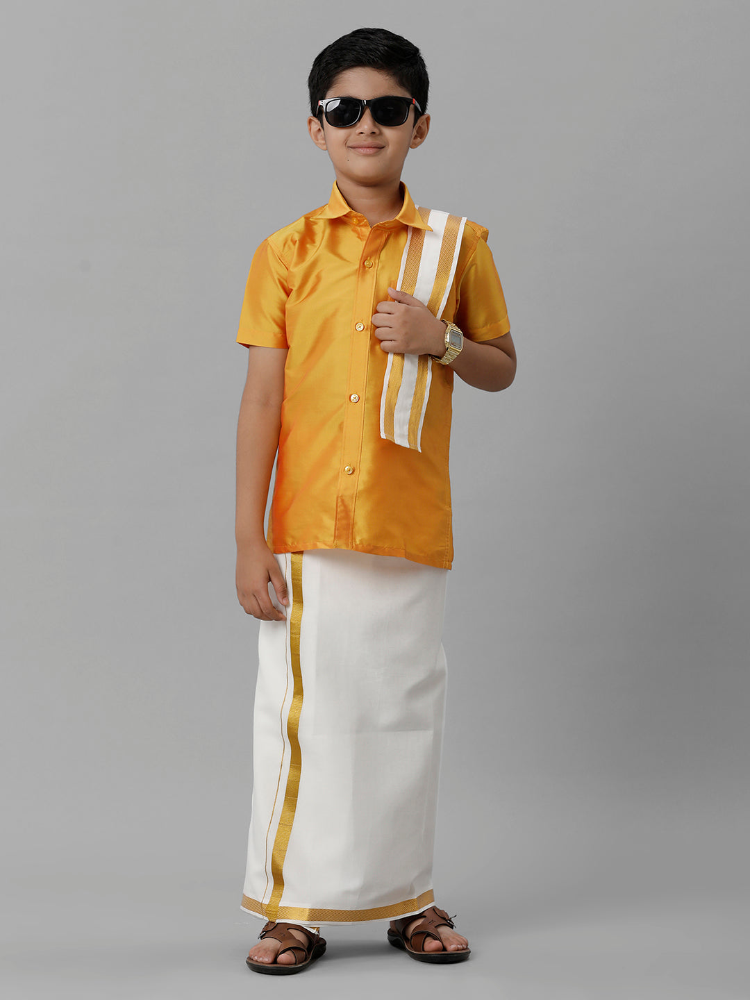 Boys Silk Cotton Yellow Half Sleeves Shirt with Adjustable Cream Dhoti Towel Combo K6