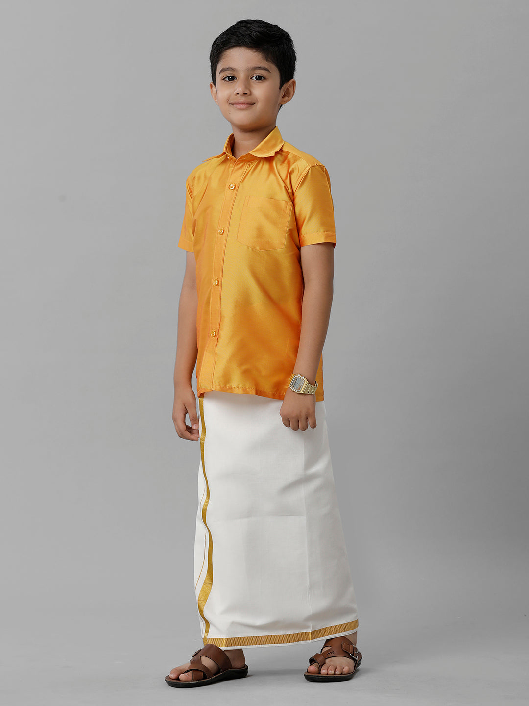 Boys Silk Cotton Yellow Half Sleeves Shirt with Adjustable Cream Dhoti Combo K6-Side view