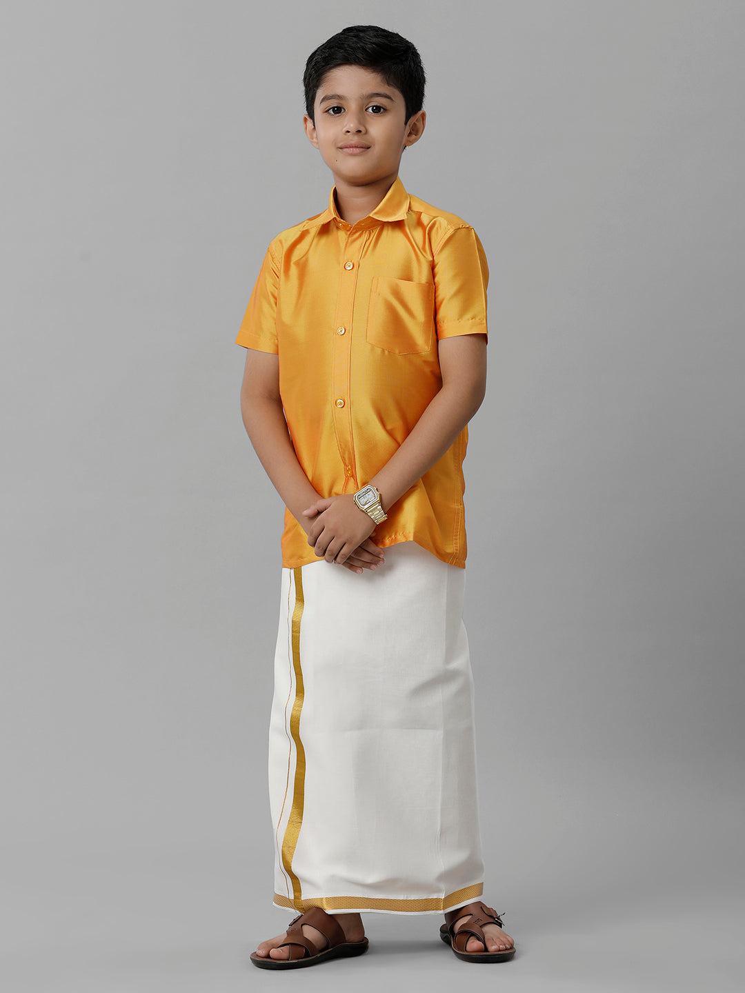 Boys Silk Cotton Yellow Half Sleeves Shirt with Adjustable Cream Dhoti Combo K6-Full view