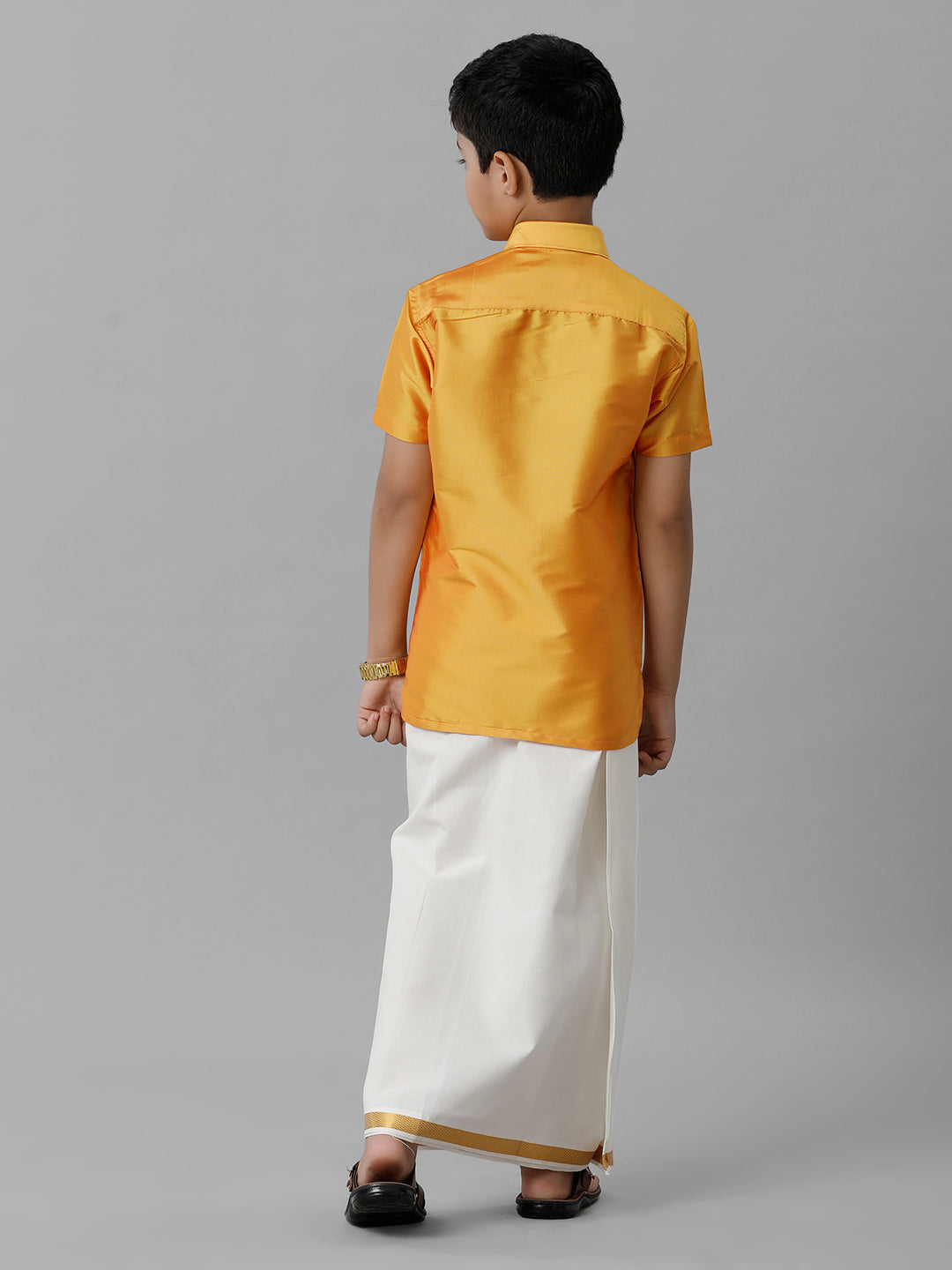 Boys Silk Cotton Yellow Half Sleeves Shirt with Adjustable Cream Dhoti Combo K6-Back view