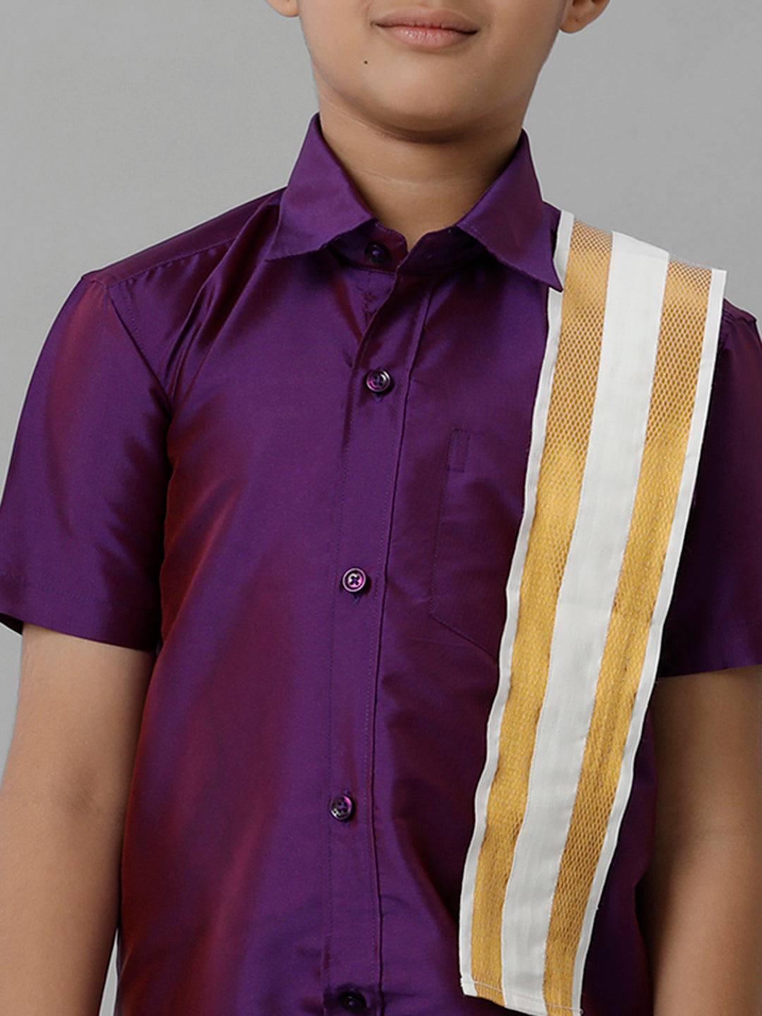 Boys Silk Cotton Violet Half Sleeves Shirt with Adjustable Cream Dhoti Towel Combo K21-Zoom view