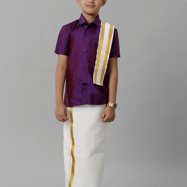 Boys Silk Cotton Violet Half Sleeves Shirt with Adjustable Cream Dhoti  Towel Combo K21