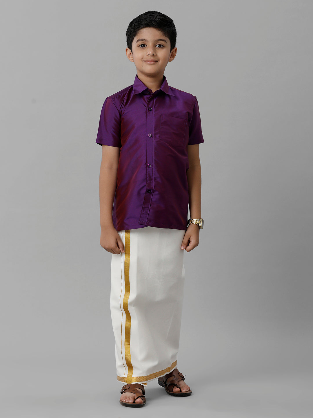 Boys Silk Cotton Violet Half Sleeves Shirt with Adjustable Cream Dhoti Combo K21