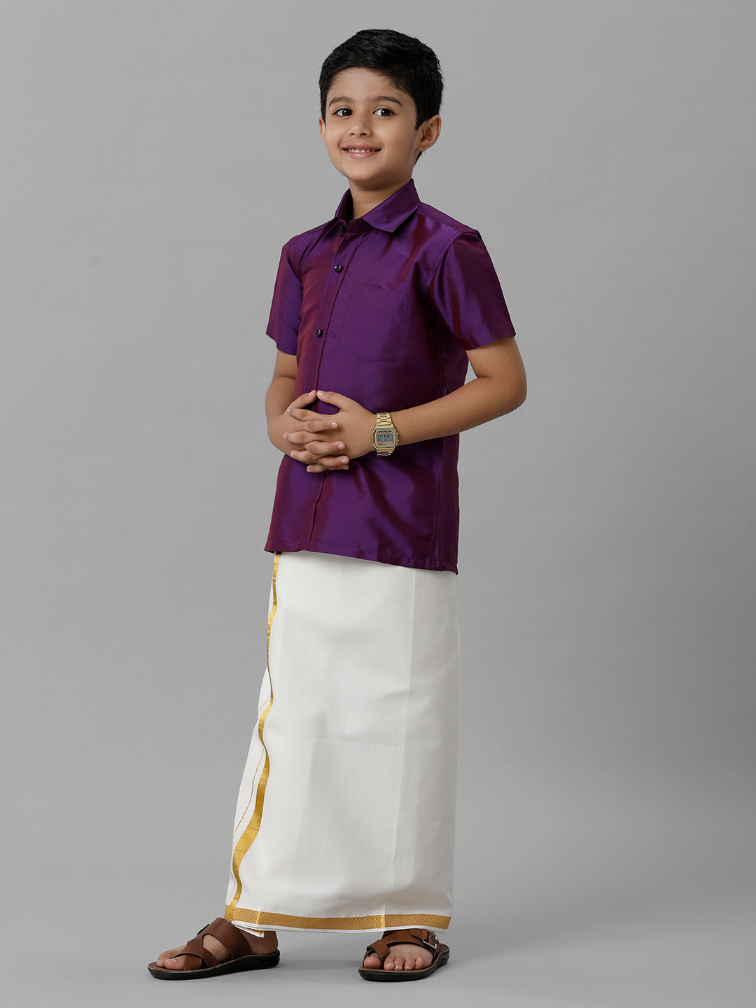 Boys Silk Cotton Violet Half Sleeves Shirt with Adjustable Cream Dhoti Combo K21-Side alternative view