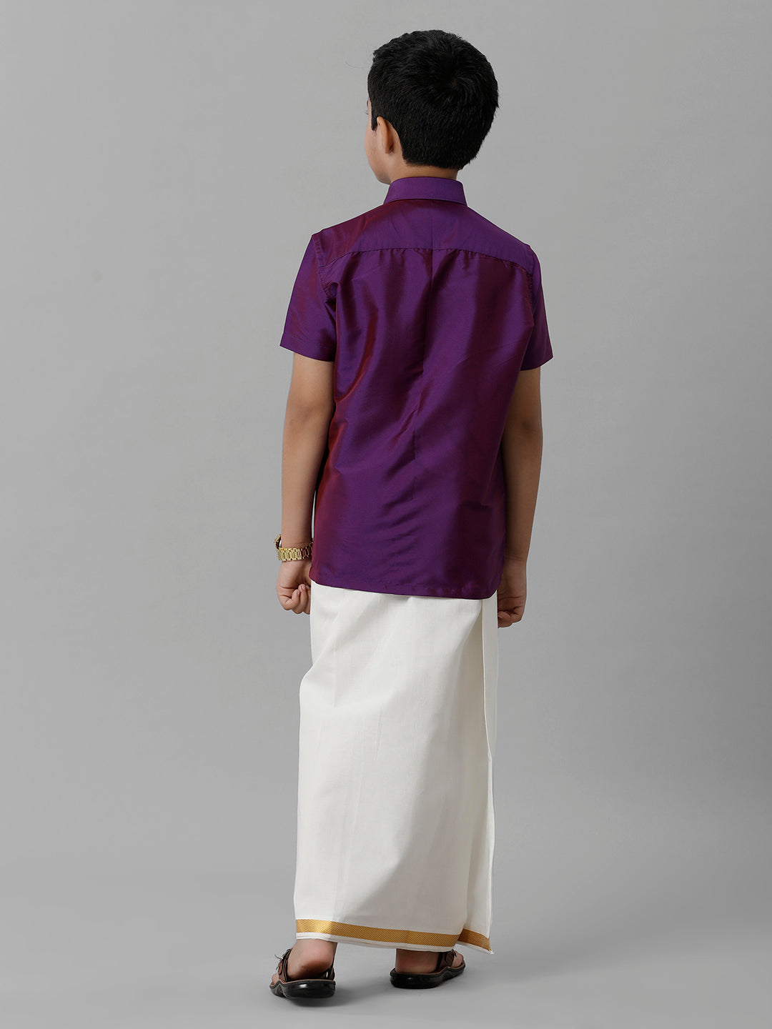 Boys Silk Cotton Violet Half Sleeves Shirt with Adjustable Cream Dhoti Combo K21-Back view