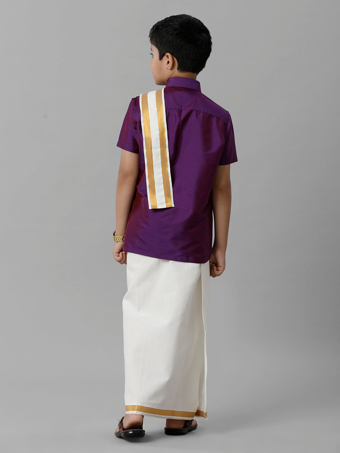 Boys Silk Cotton Violet Half Sleeves Shirt with Adjustable Cream Dhoti Towel Combo K21-Back view