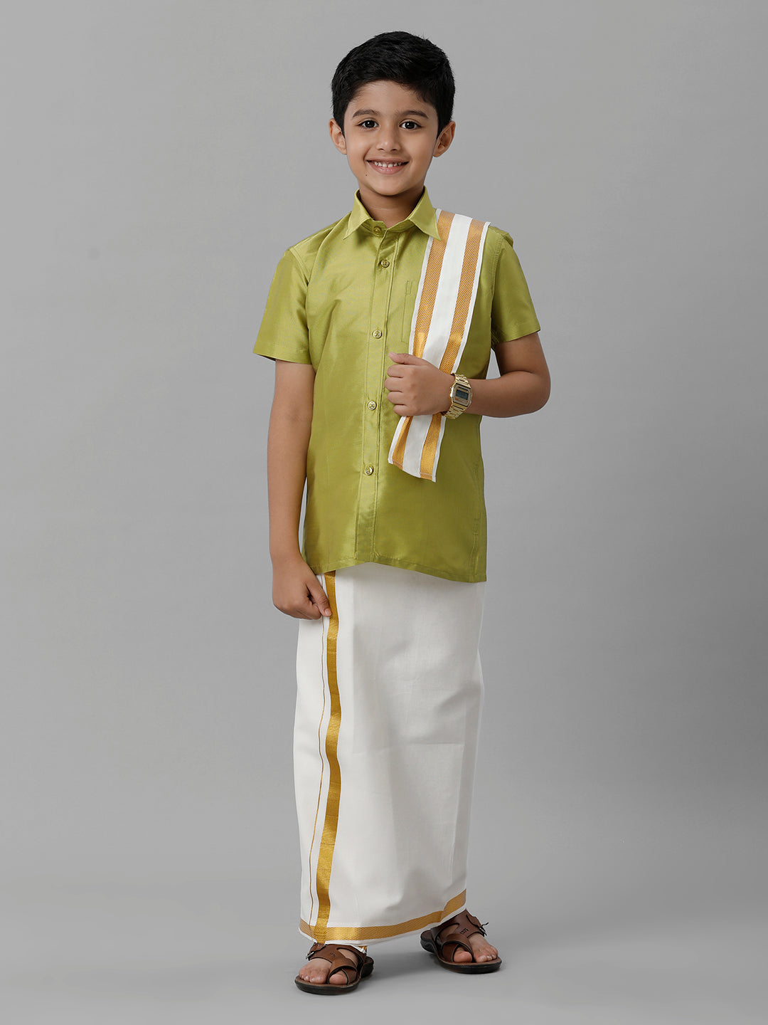 Boys Silk Cotton Lemon Green Half Sleeves Shirt with Adjustable Cream Dhoti Towel Combo K44-Front view