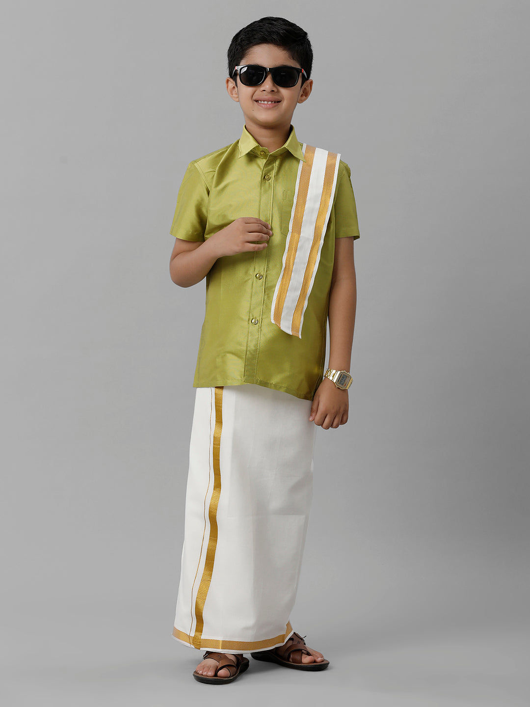 Boys Silk Cotton Lemon Green Half Sleeves Shirt with Adjustable Cream Dhoti Towel Combo K44